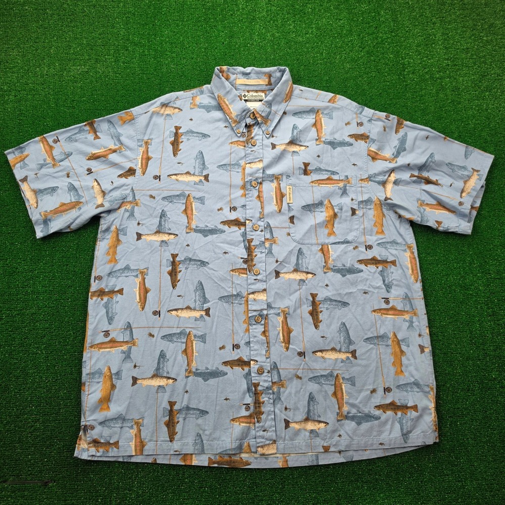 Columbia River Lodge Trout Fishing Print Button Down Shirt Mens 2XL Blue